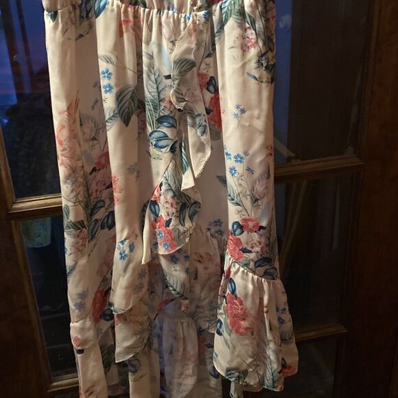 PARKER 100% Silk Size S FLORAL ASYMMETRICAL RUFFLE DRESS MELLOW MEADOW MULTI - Picture 3 of 10